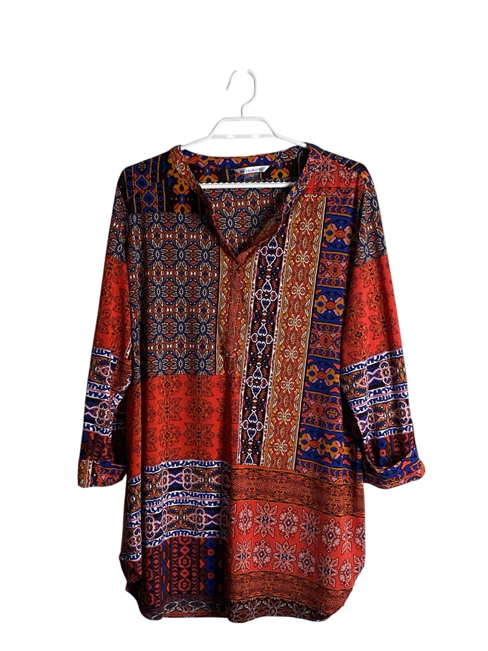 Nygard Women's Red Bohemian Patchwork V-Neck Tunic Top
